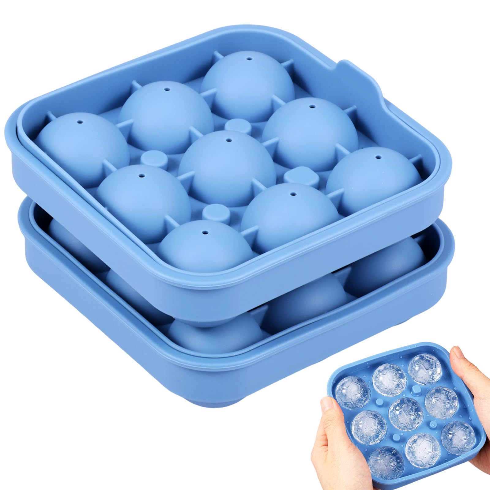 2 Pack Silicone Ice Ball Maker Mould with Lid,Large Reusable Round Soccer Shape Ice Cube Moulds for Whiskey Cocktails Drinks,Easy to Fill & Release(Blue-9 grids)