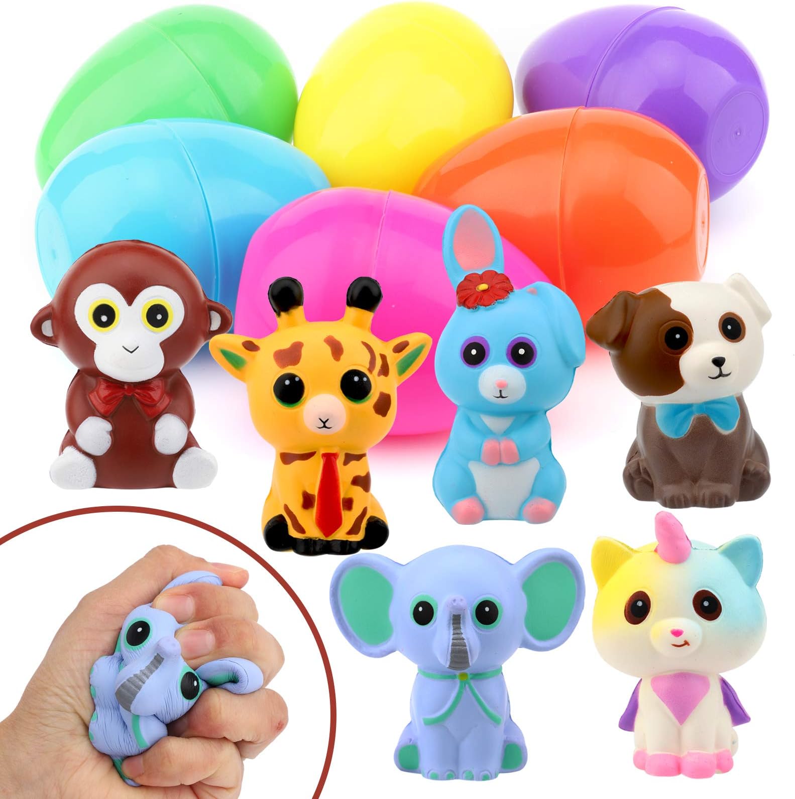 Sizonjoy 6 Pack Toy Filled Easter Eggs,Jumbo Slow Rising Toys Stress Relief Super Soft Squeeze Kawaii Animal for Kids Party Favors