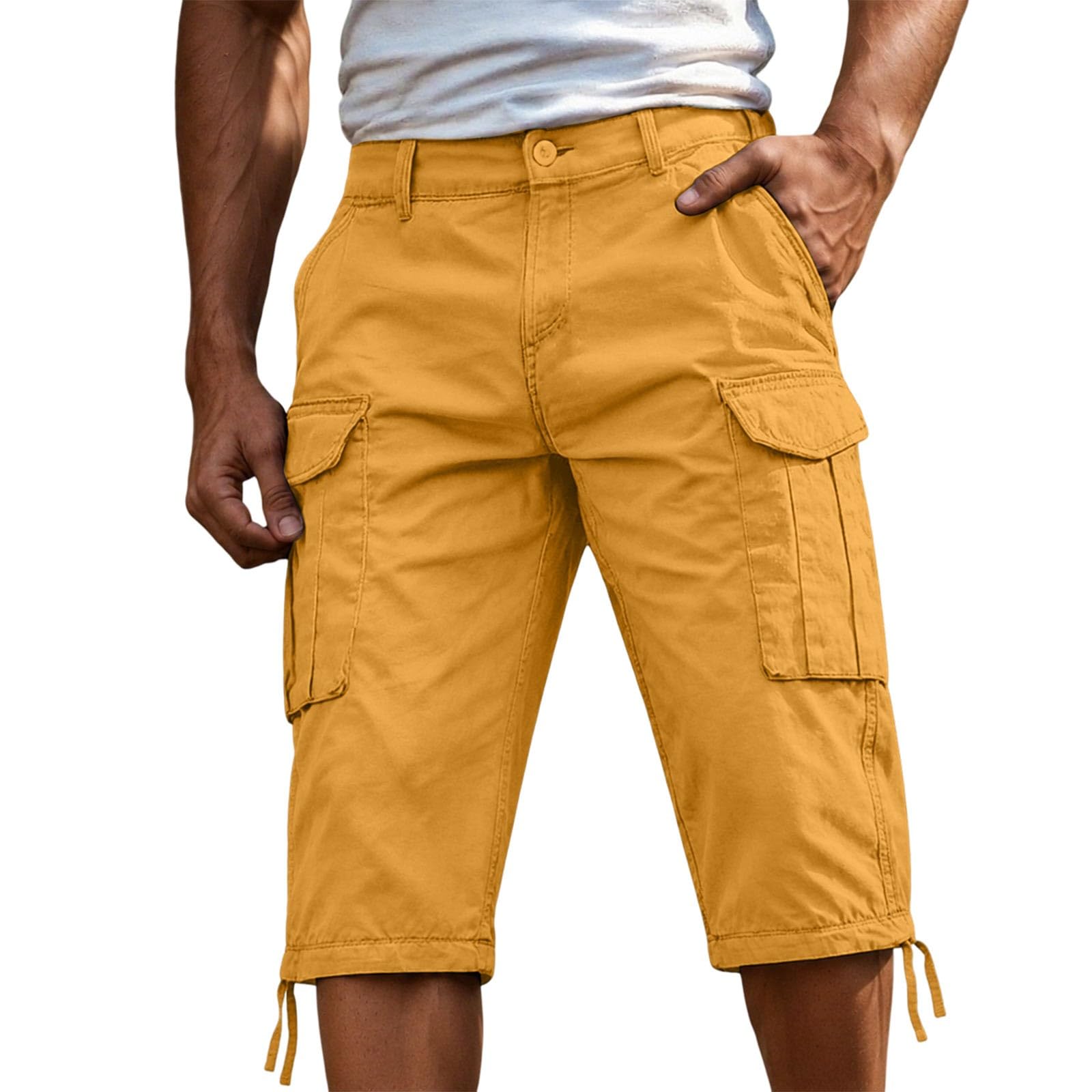3/4 Hose Herren Cargo Shorts Männer Bermuda Shorts Multi Taschen Sommer Kurze Hose Baumwolle Arbeitshose Gummibund Lässig