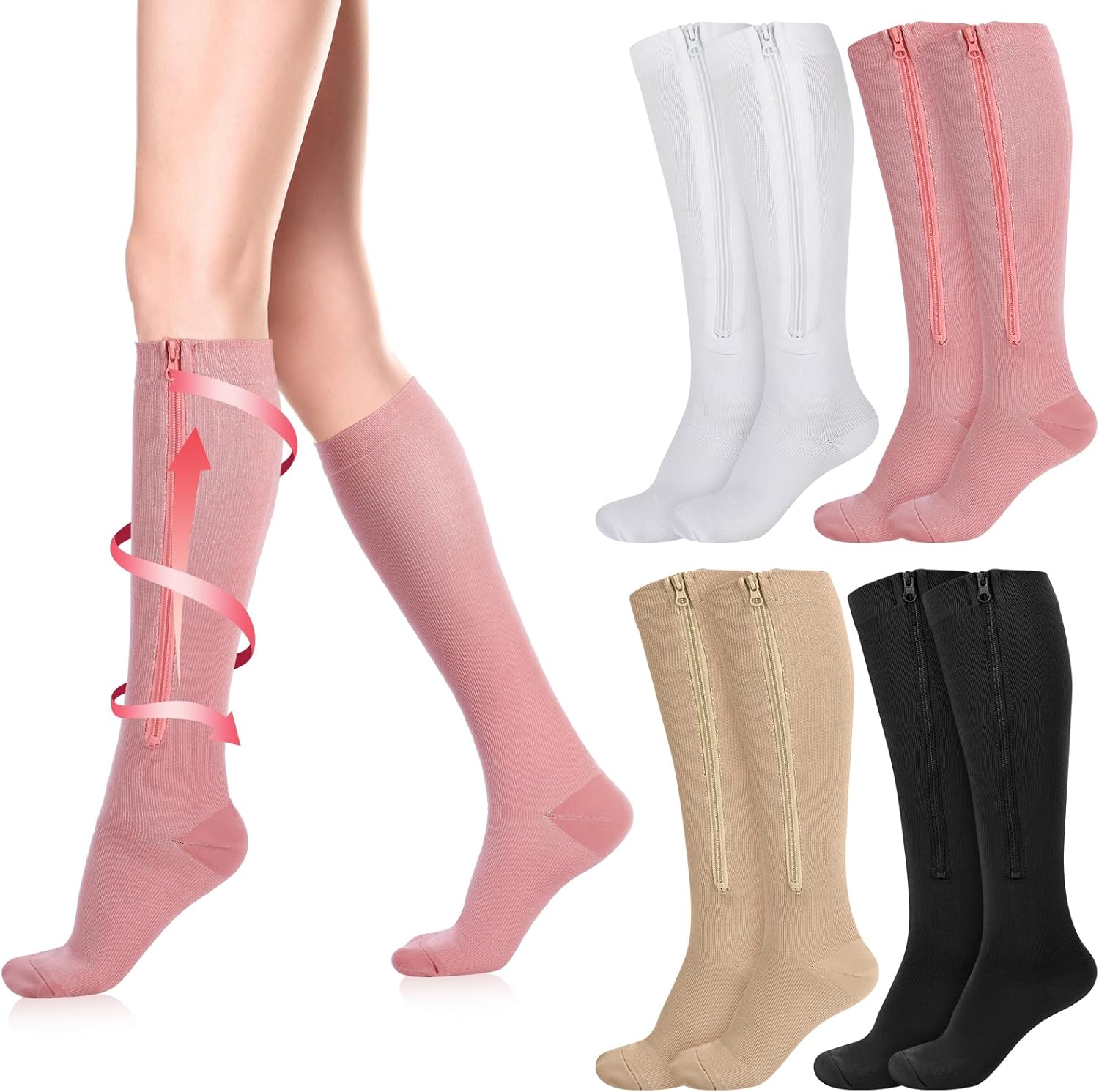 Tarpop 4 Pairs Women Zipper Compression Sock Colorful 20-30mmhg Compression Stockings with Zipper for Women Swelling Edema S/M