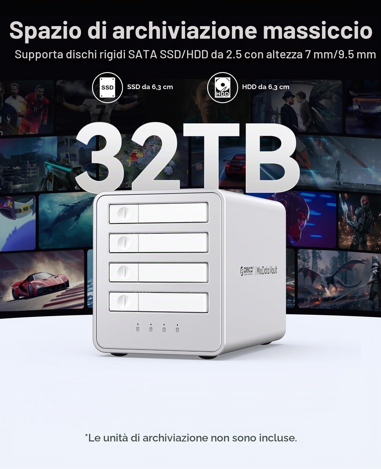ORICO RAID Alloggiamento per Dischi Rigidi 4 Bay 2.5 SATA SSD/HDD Docking Station RAID Alloggiamento con Ventola Supporta Fino a 4 x 8 TB Velocità di Trasferimento 10 Gbit/s Design Compatto