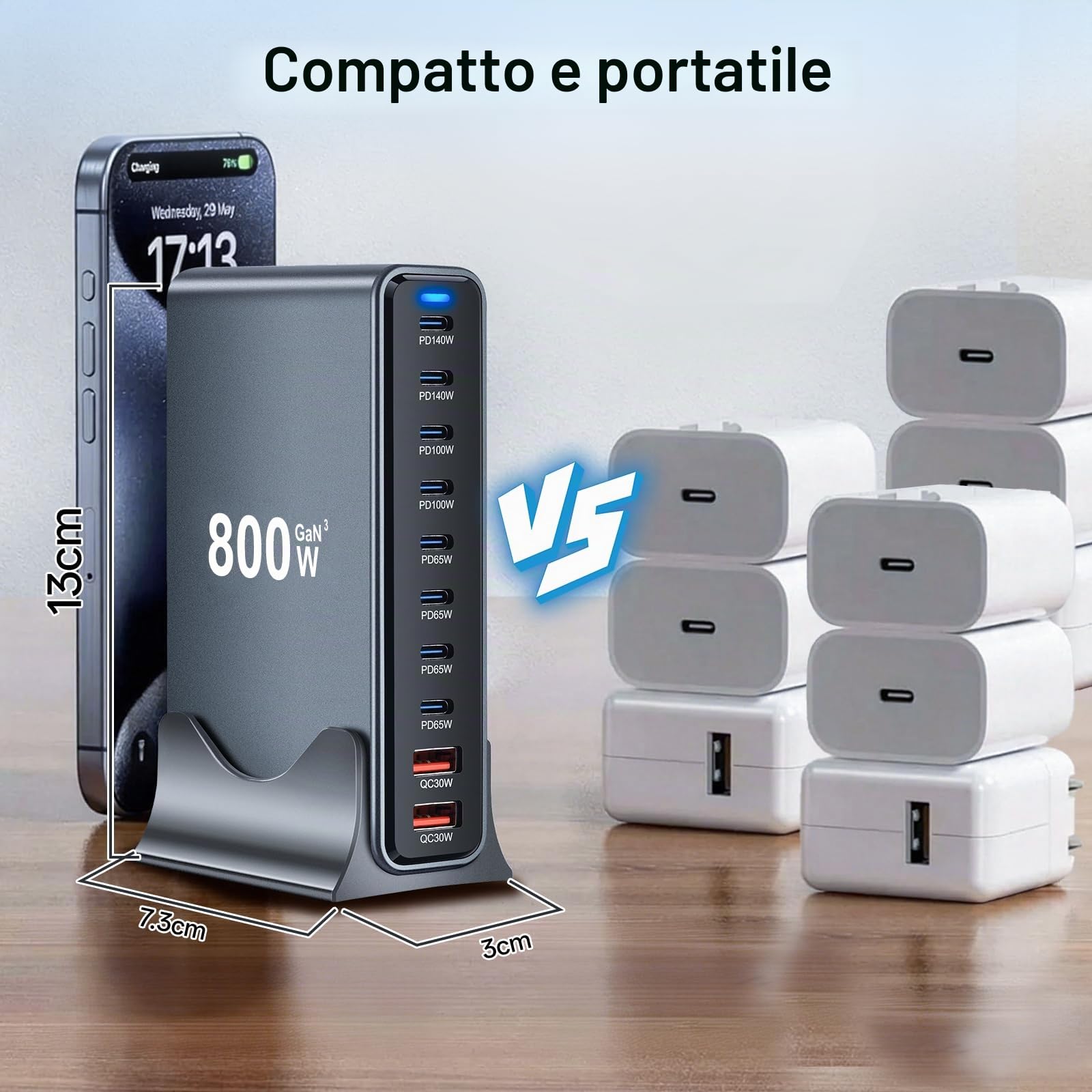 800W Stazione di Ricarica USB, Caricatore USB Multiplo PD per dispositivi da 140 W 100W e 65W, Caricabatterie Multiplo con 10 porte compatibile con MacBook, iPad, iPhone 16/15/14, DELL, HP