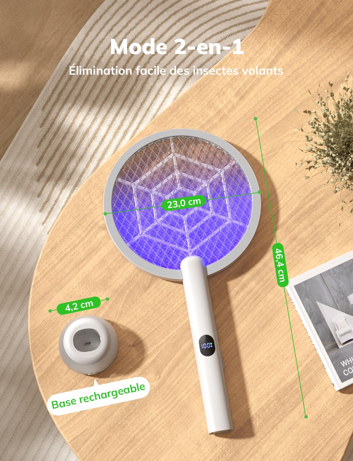 YISSVIC Raquette Electrique Insectes 1800mAh Raquette Anti Moustique 4000V Tapette à Mouche Puissante ave Base Lumineuse Rechargeable USB-C Élimine Moustiques Mites Fourmis Volantes (Blanc)