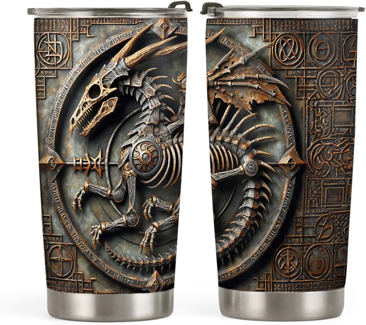 20oz Viking Dragon Fossil Tumbler, Norse Mythology, Viking Gifts for Men, Gaming, Gamers Gifts, Stainless Steel Double Wall Vacuum Insulated Coffee Mug, Travel Cup with Lid