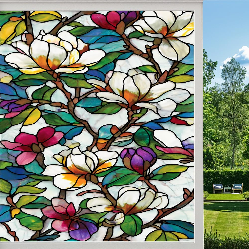 Pmlbaous Rural Flowers Privacy Window Film, Retro Natural Plant Magnolia Frosted Self-Adhesive Vinyl Cling For Glass Doors Bathroom Windows Sun Blocking Heat Control, （55X100cm）