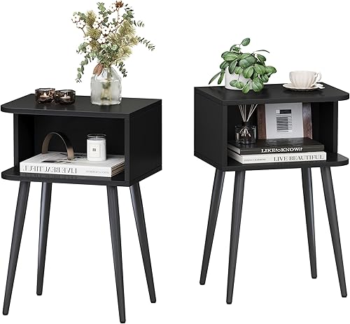 MLBZ20B-2 - Juego de 2 mesitas de noche negras, mesa auxiliar de cama pequeña para espacios pequeños, mesa auxiliar moderna de mediados de siglo con