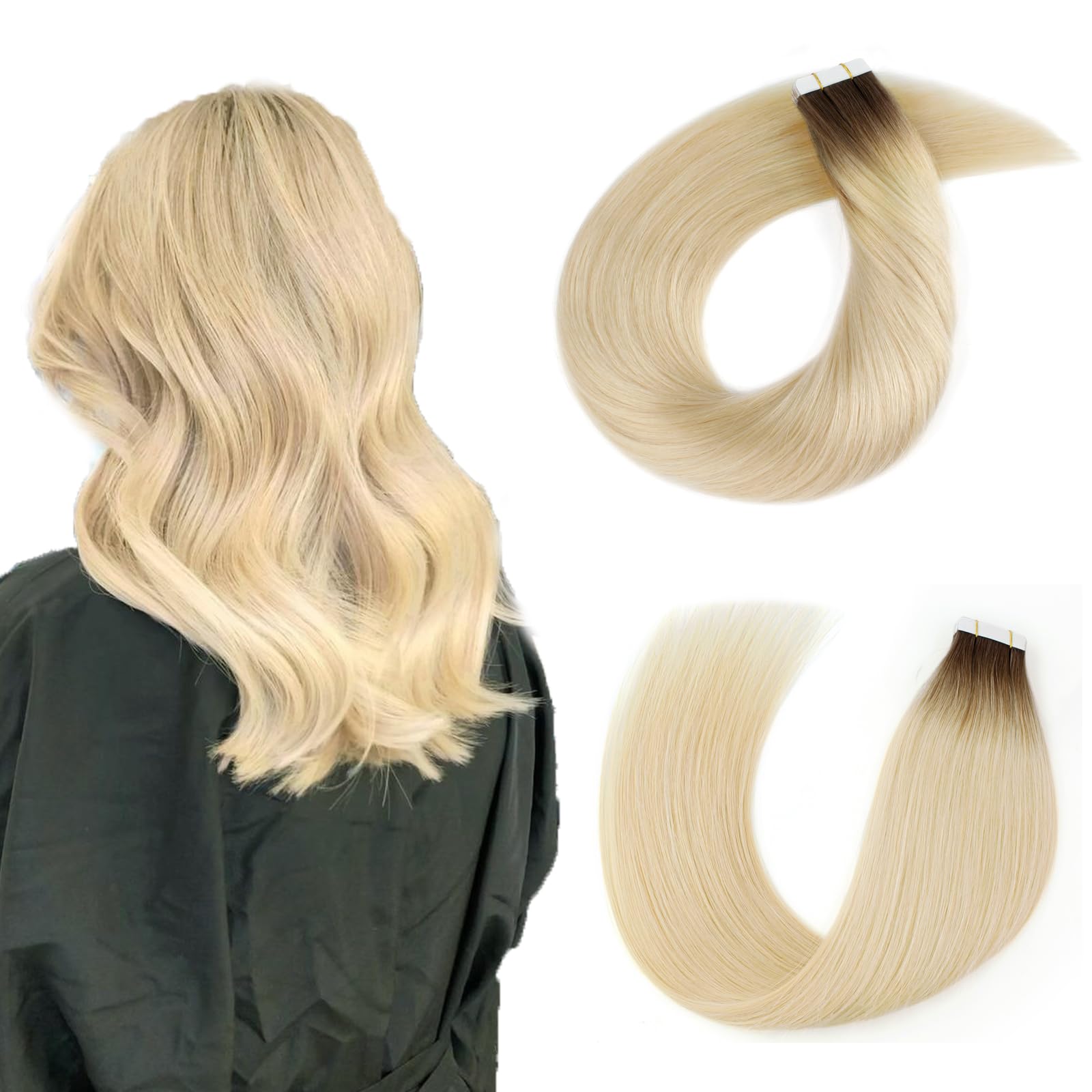 ABH AmazingBeauty Hair Dark Roots Remy Tape in Hair Extensions Blonde - Double Sided Real Human Hair Skin Weft, 20 Pieces, 50 Grams, Platinum Ash