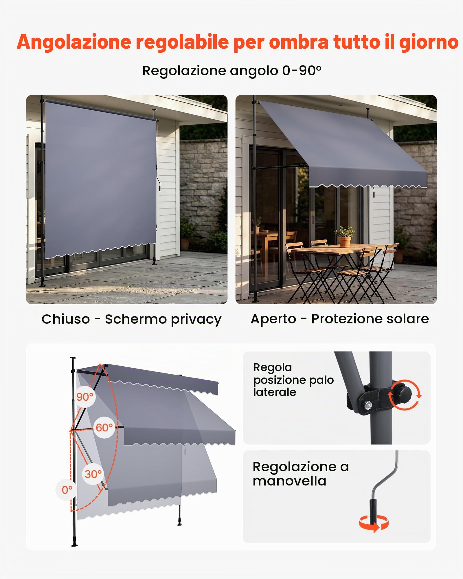 VEVOR Tenda da Sole Retrattile Manuale 300 cm per Esterni da Patio, Tendalino Parasole Retrattile, Grigio Scuro, Altezza Regolabile, con Manovella, per Protezione Cortile Giardino Balcone Terrazza