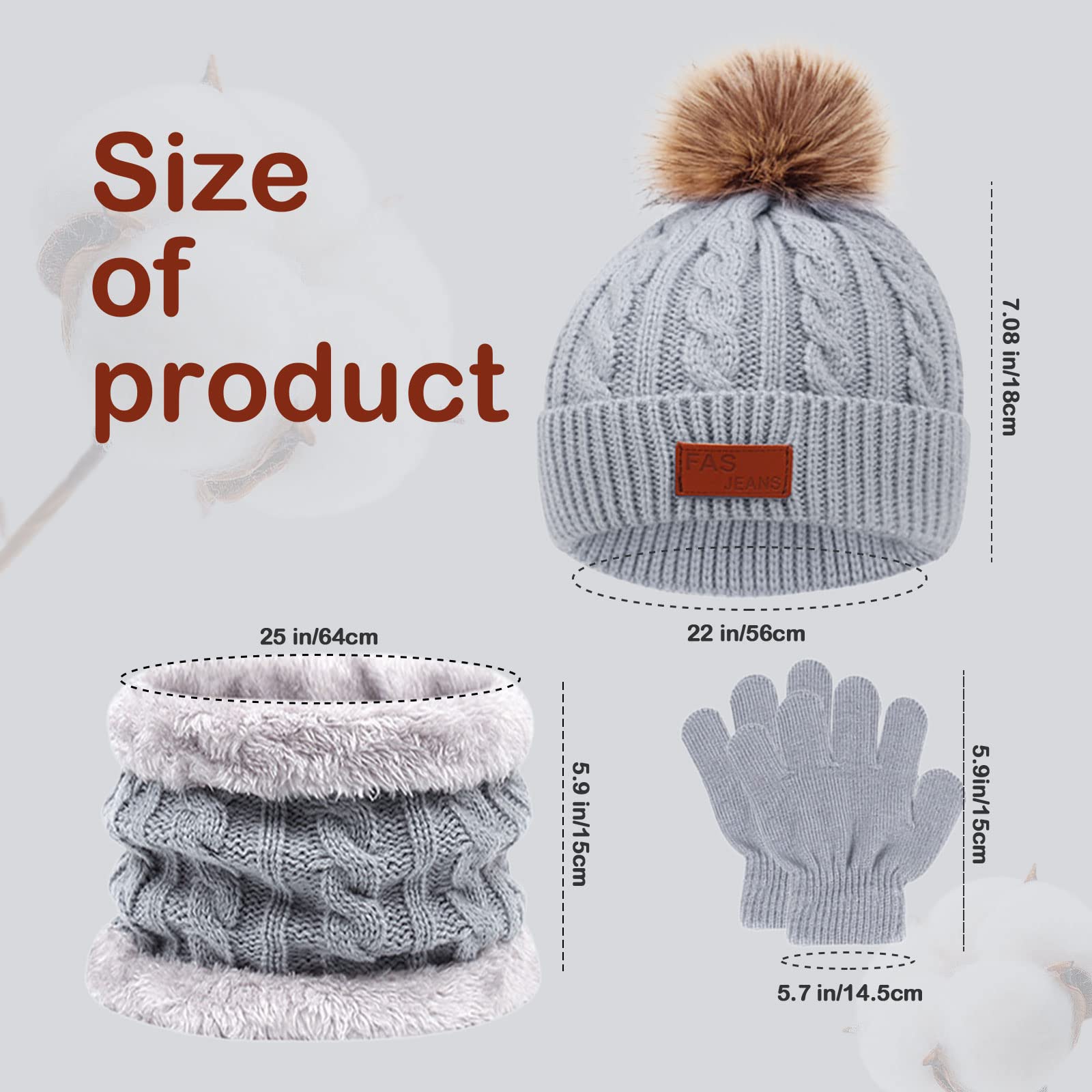 MIVAIUN Gris 3 Piezas Gorro de Punto Invierno Térmico con Guantes y Bufanda Forro Polar Niños Set Accesorios de Invierno para Chicos Bufanda de Ganchillo Gorro de Punto Chicos 3-5 Años