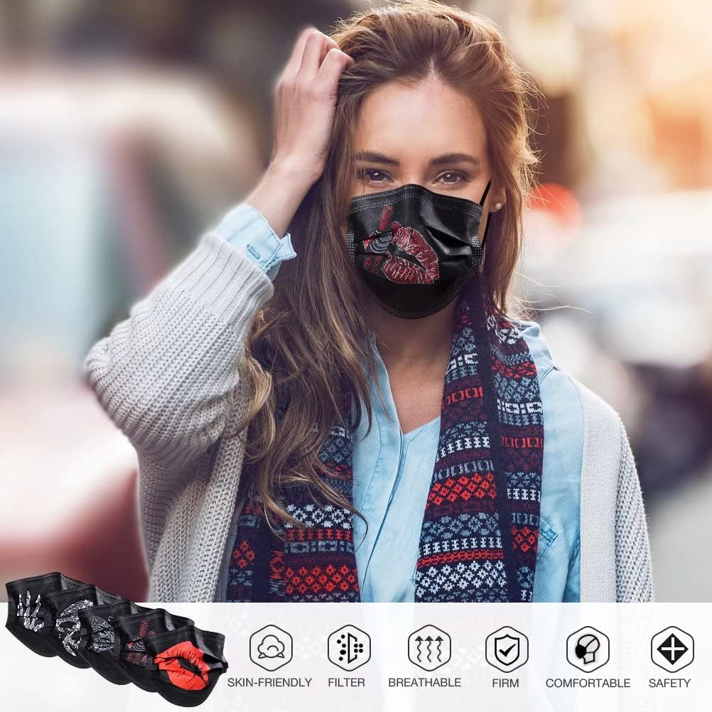 Disposable Face Masks - 100Pcs, Black Masks with Designs, Skull and Bones Prints Women Face Masks, Red Lips Disposable Masks for Women