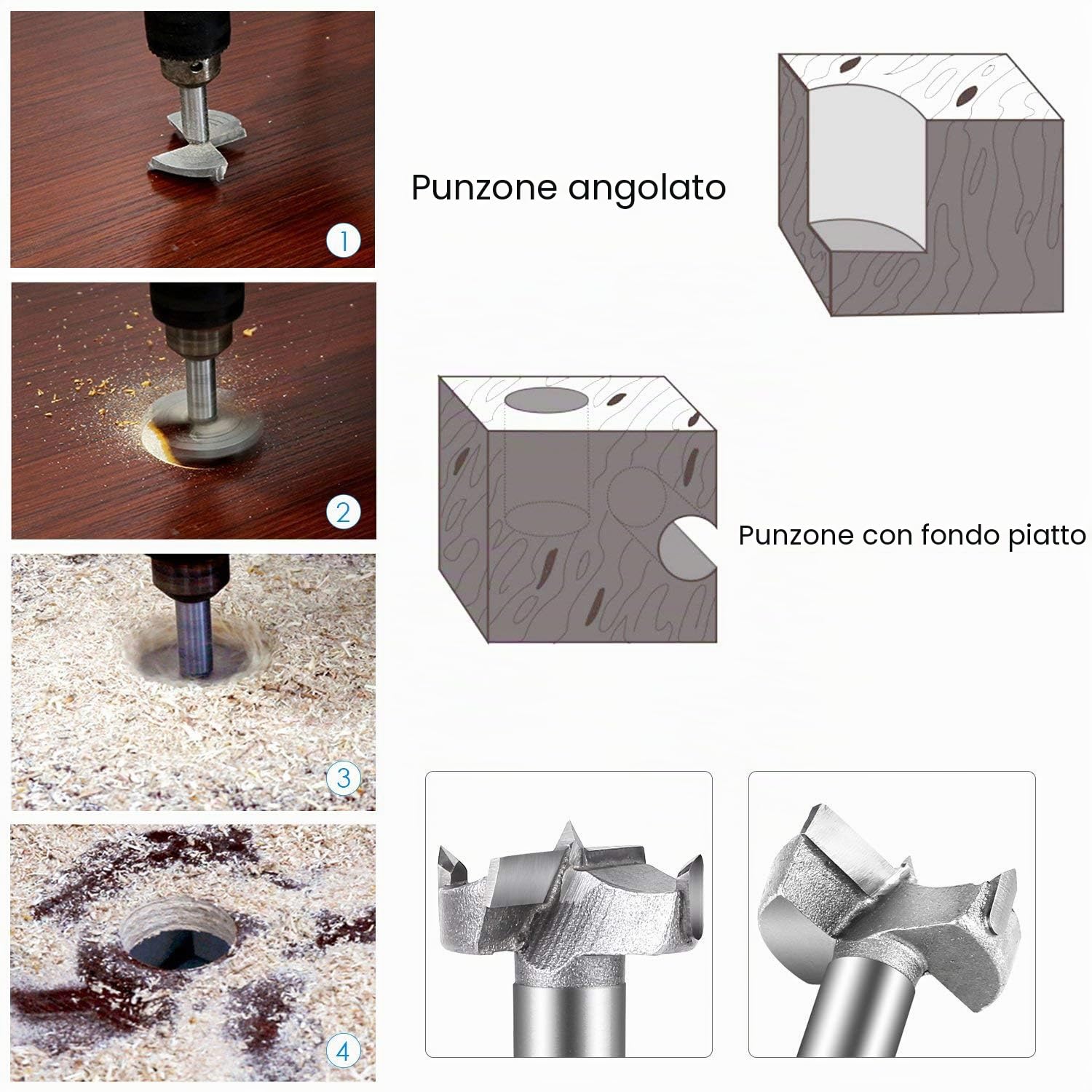 Forstner - (40/45/50/60/70 mm) Set di 5 punte per trapano e sega a tazza in acciaio al tungsteno, per legno, plastica e compensato