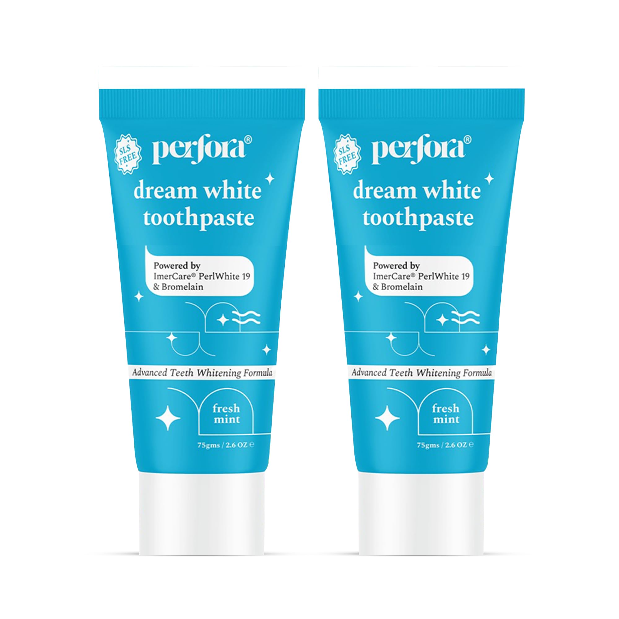 Perfora Dream Whitening Toothpaste - 75 gms (Pack of 2) | Instant Teeth Whitening for Kids & Adults | Made Safe Certified SLS Free & No Artificial Sweeteners | Vegan Friendly Gel - Fresh Mint (Flavor