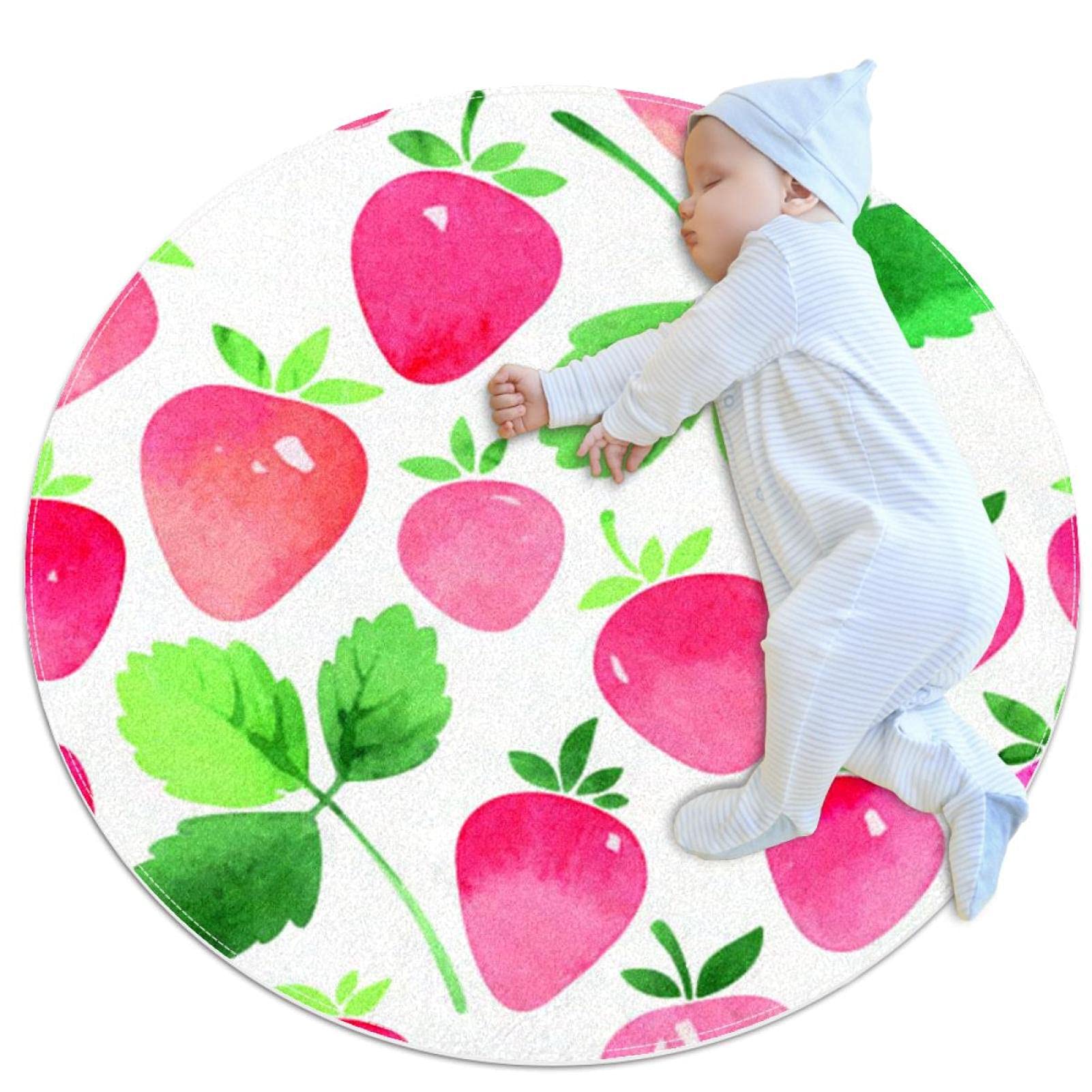 Tapis rond motif fraise rose anti-glisse pour sécuriser la chambre