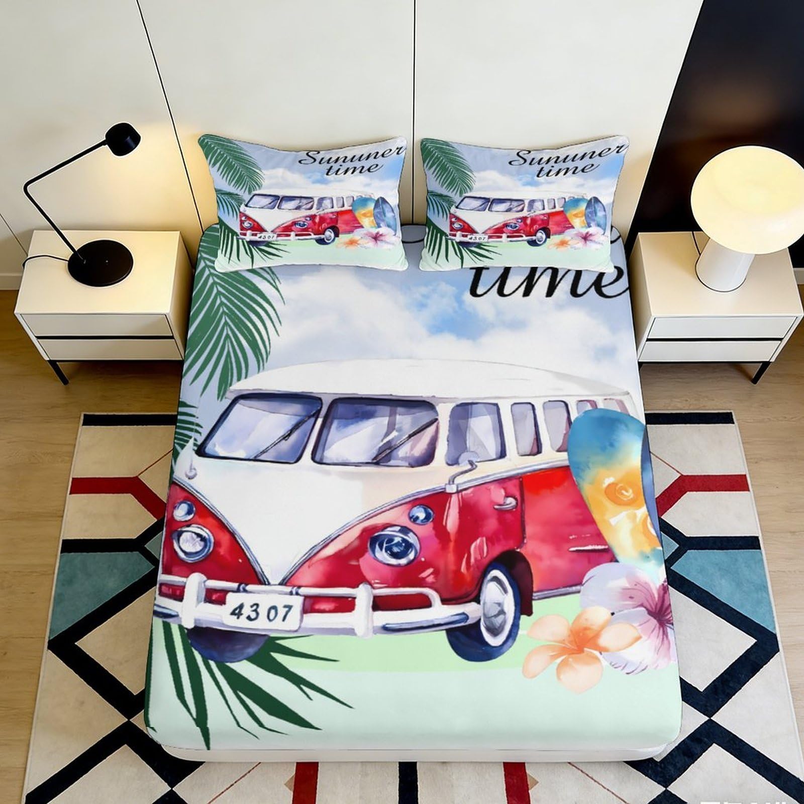 3D Printed Vintage Bus Fitted Sheet Microfiber Deep Pocket Bedroom Bedding Set Retro Bus Mattress Fitted Cover for Adults Teens 180x200x25cm