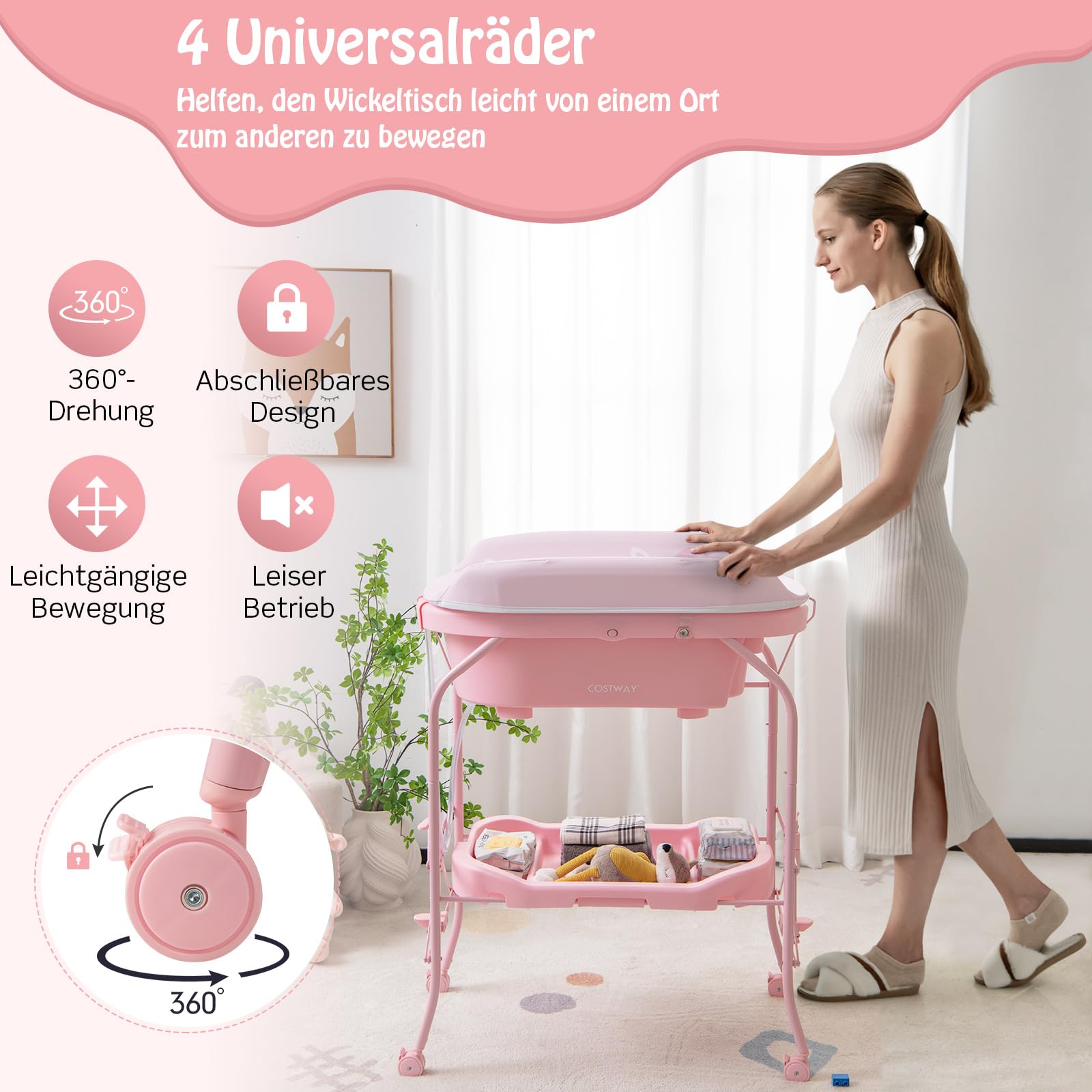 GOPLUS Baby Badewanne faltbar, Klappbarer Baby-Windeltisch mit Ablagefach, Baby Tablett mit Rollen aus PP, PVC-Windeleinlagen, Räder mit Bremsen, Badetisch für 0-12 Monaten (Rosa)