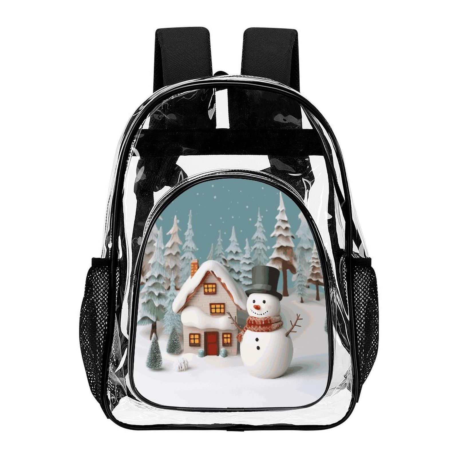 Transparenter Rucksack mit Schneemann und Dorf, groß, transparent, PVC, Büchertasche für Sicherheit, Arbeit, Reisen, Stadion