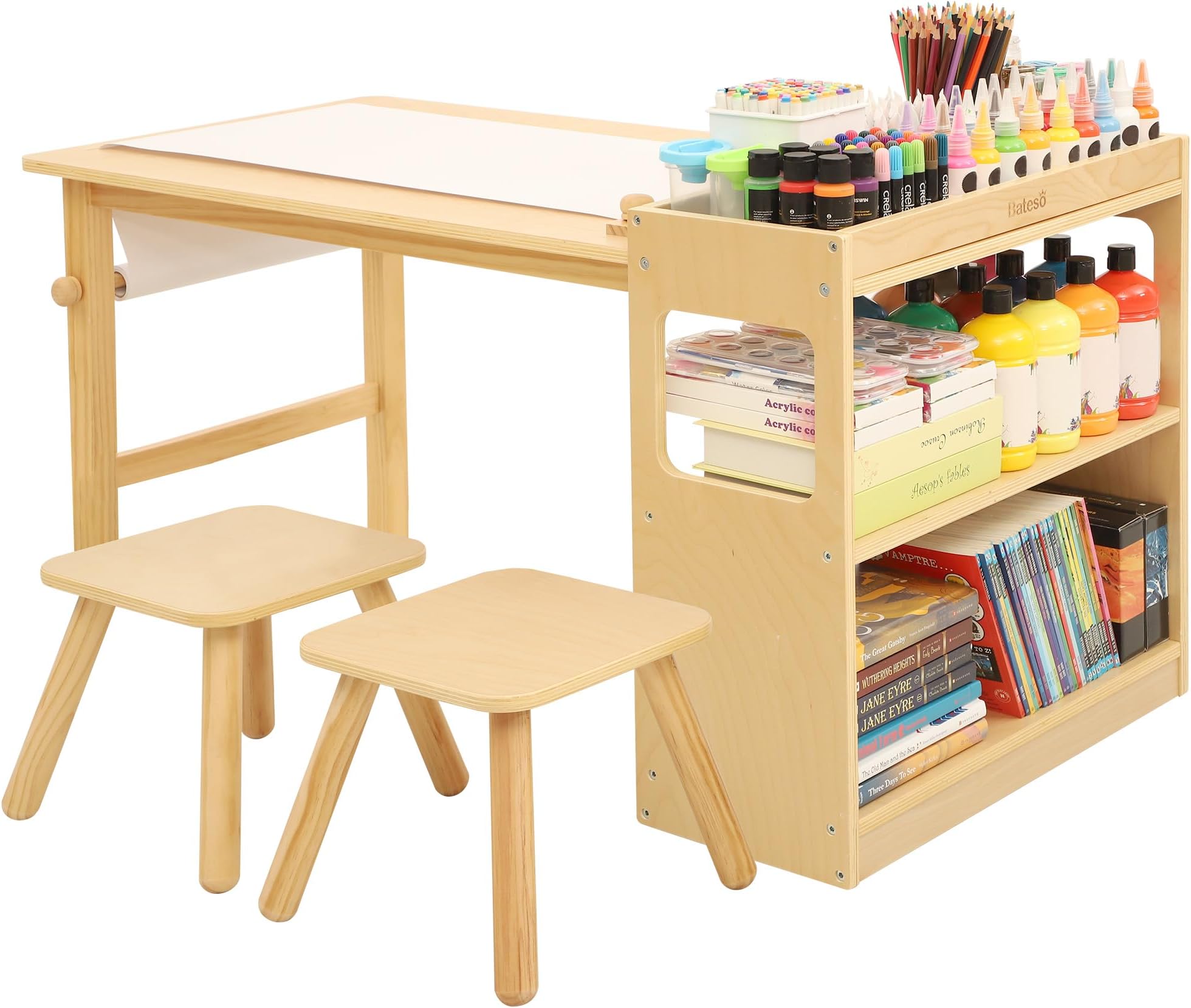 Bateso Kids Art Table and 2 Chairs Set with Roll Paper & Storage, Wooden Kid Craft Table for Drawing, Learning and Reading, Toddler Activity Play Desk for Home, Playroom or Classroom