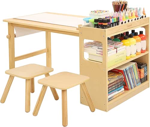 Kids Art Table and 2 Chairs Set with Roll Paper