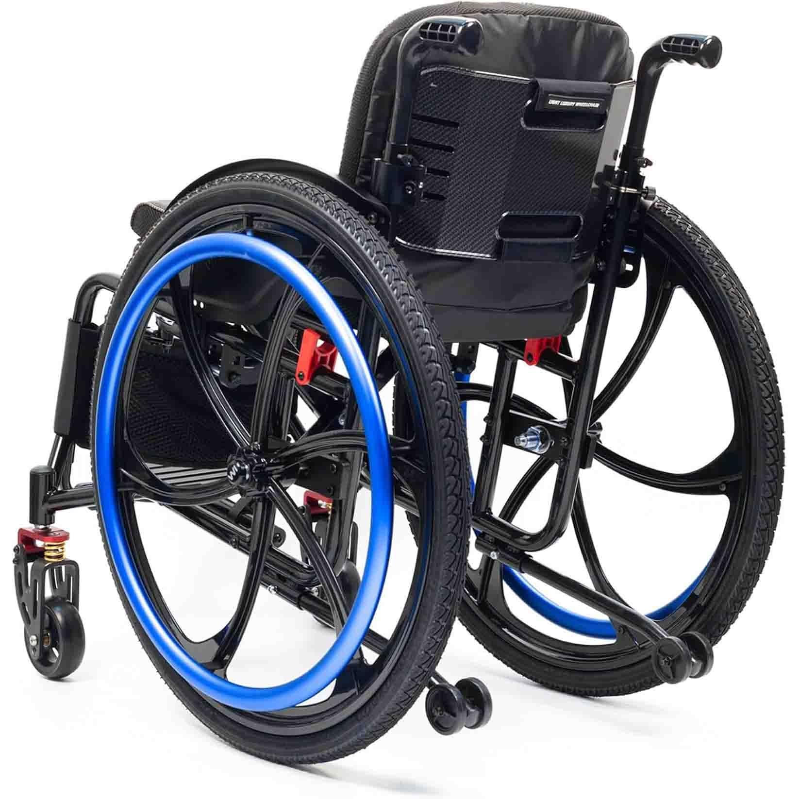 Wózek inwalidzki sportowy, terenowy, składany, aluminiowy, z 26-calowymi tylnymi kołami, amortyzowanymi kołami przednimi, nośność 100 kg (niebieski, szerokość siedziska 38 cm)