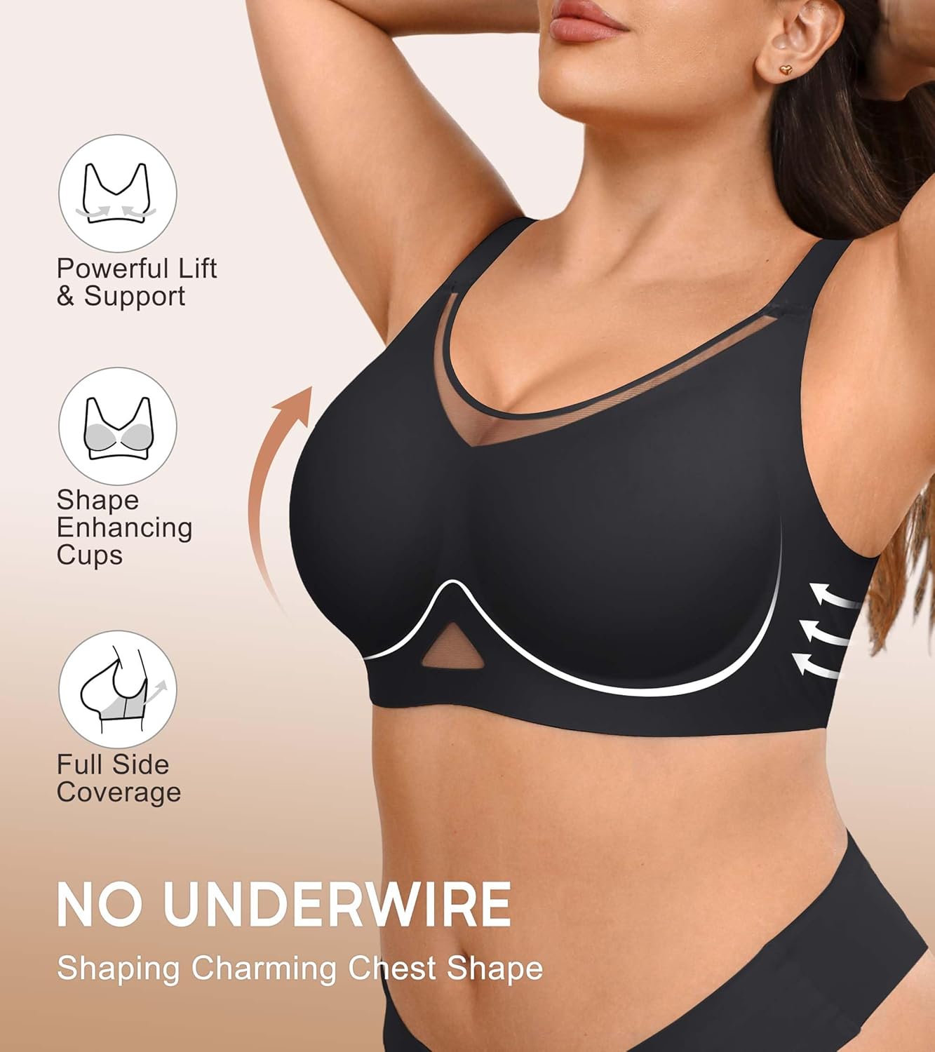Wireless Bras for Women No Underwire with Support Push Up Comfort Full Coverage Padded Womens Minimizer Bra Plus Size Bralette for Large Breast Black XX-Large - Image 2