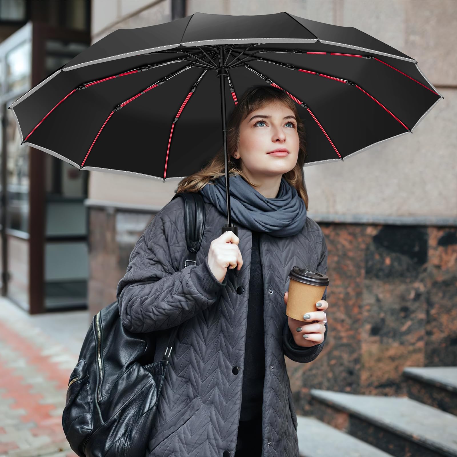 Odporny na deszcz i słońce składany parasol z paskami odblaskowymi, 12 czerwonych żeber (3 żebra + 2 żebra), przenośny, składany duży parasol do samochodu, kompaktowy parasol dla mężczyzn i kobiet