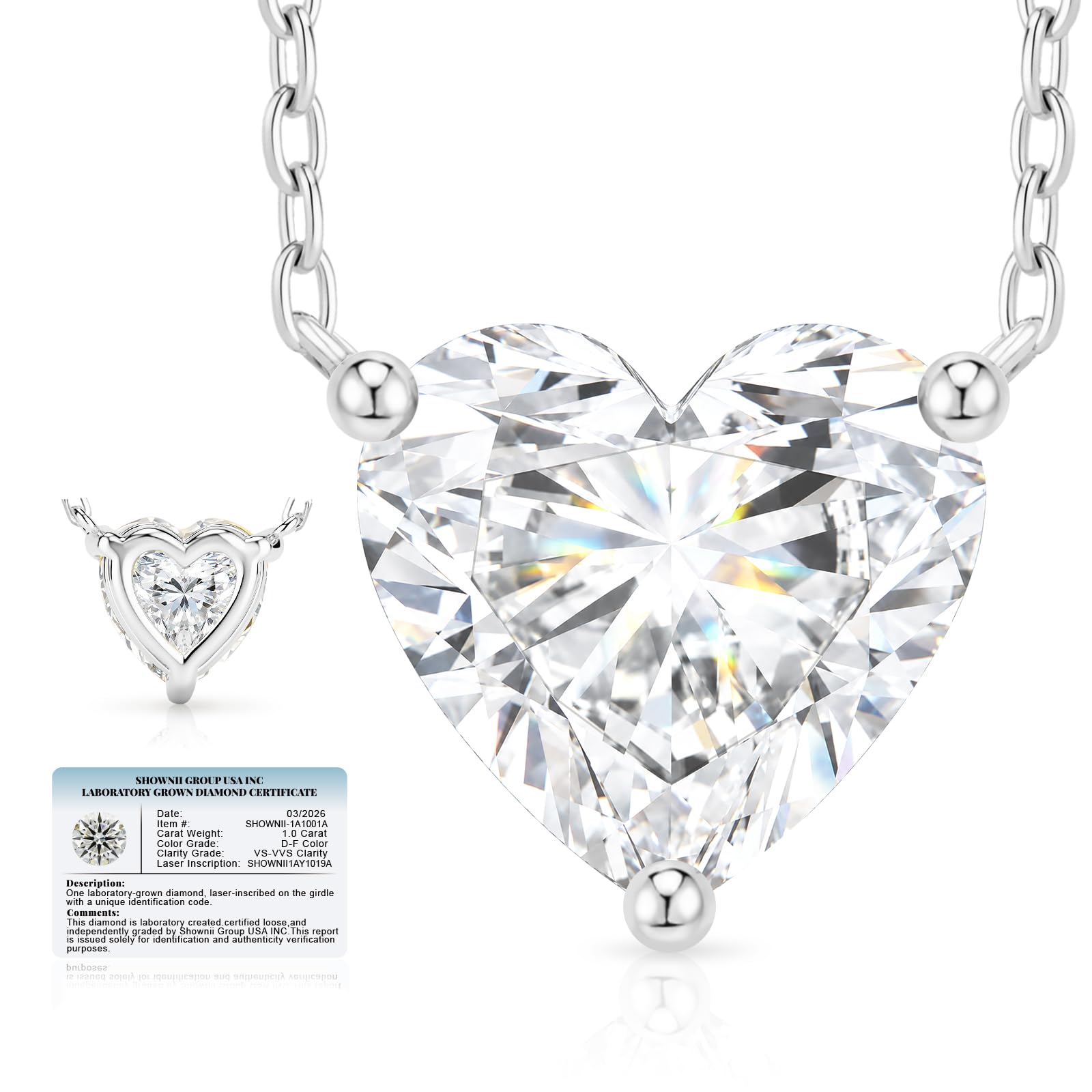 shownii Diamond Necklace Certified Heart LAB GROWN Diamond Solitaire Necklaces for Women 1CT 14K White Gold Plated Sterling Silver 3 Prong Pendant Jewelry (D-F Color, VS-VVS Clarity)