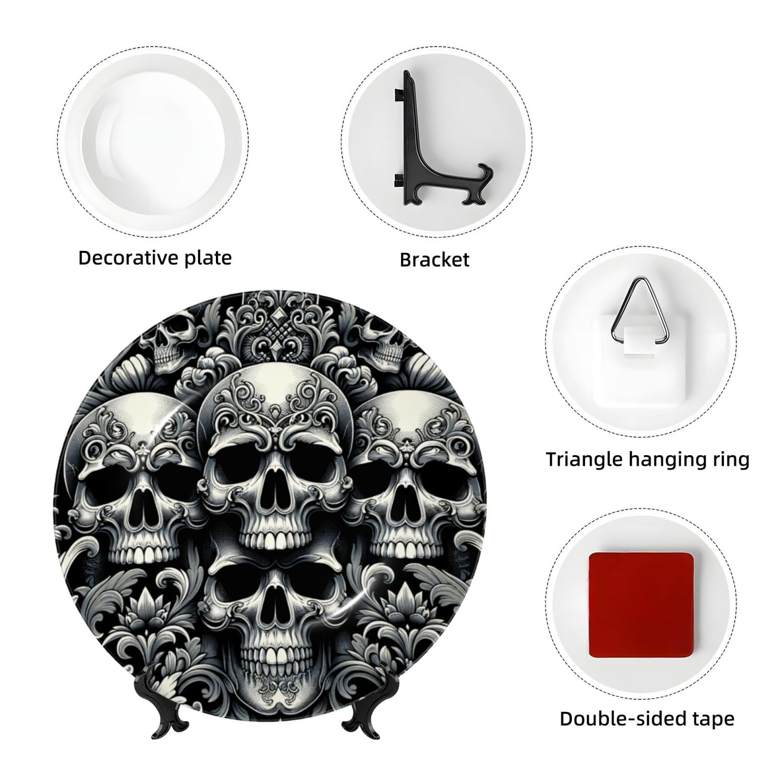 Dekorativer Teller mit Ständer, elegante Wandplatte, Barock-Skull-Schwarz, 25,4 cm