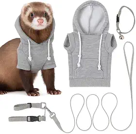 Conjunto de suéter, arnês e coleira de furão cinza - Roupas para animais de estimação pequenos - Coisas e acessórios para furões - Moletons com capuz para furões - Acessórios para animais de estimação