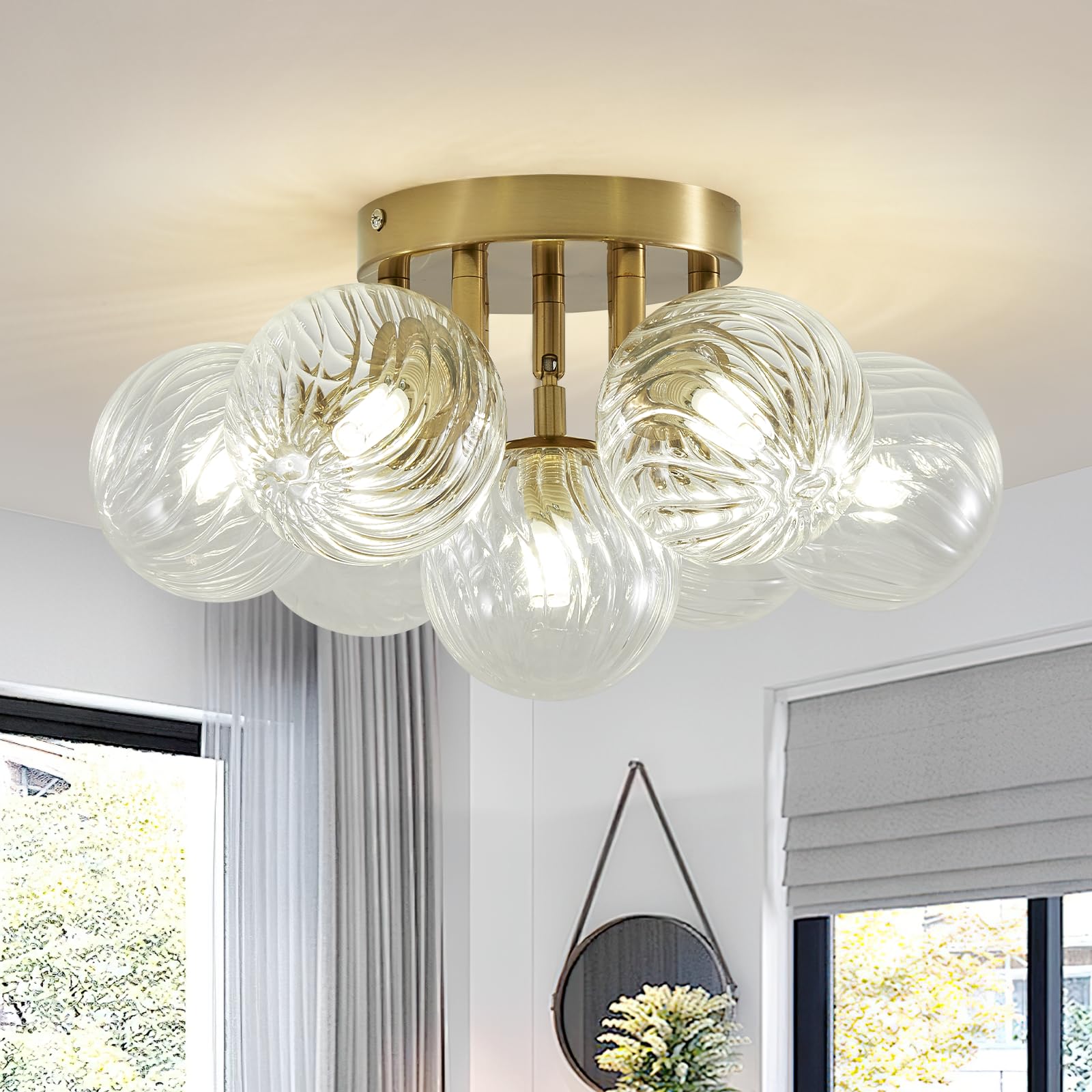NIUZDU Bubble Ball Semi Flush Mounting Ceiling Light Fixtures,7-Light Gold Brass Glass Swirled Globe Vintage Chandelier,Mid-Century Decorative Pendant