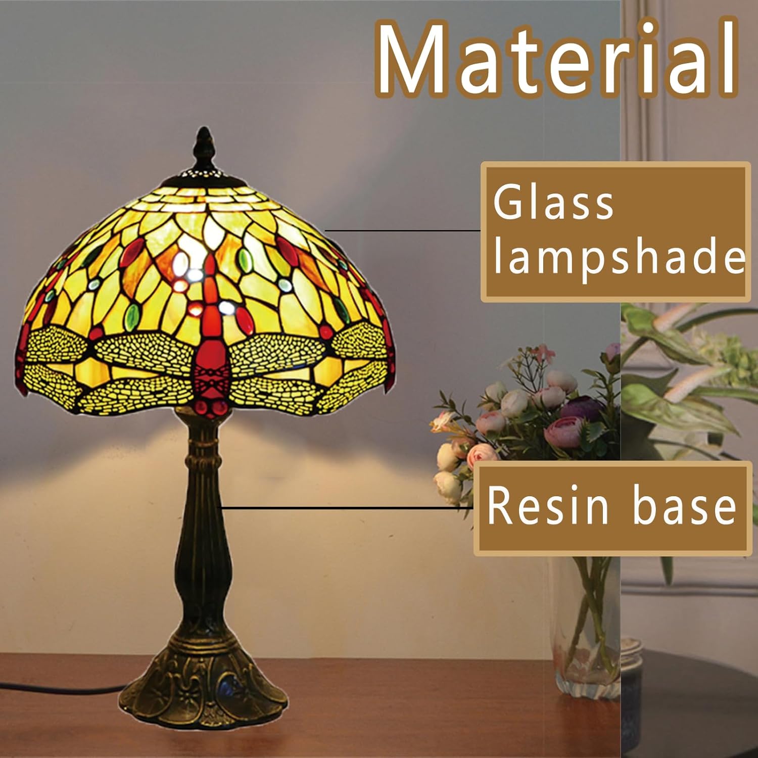 Tiffany Style Table Lamp 12", Yellow Dargonfly Stained Glass Lamp Tiffany Lamps Tiffany Table Lamp Desk Reading Light 12X12X19 Inches Decor Bedroom Living Room Home,Included 1 E26 Blub