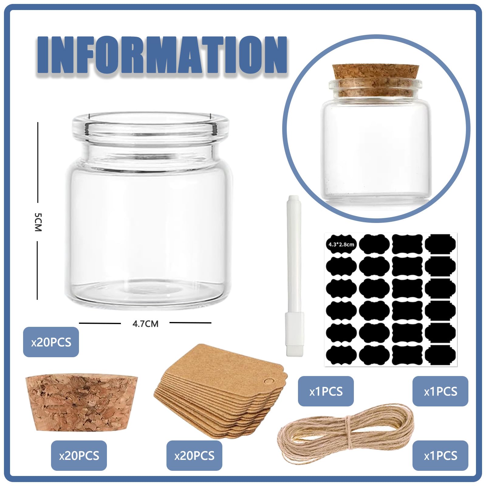 20 Pezzi Mini Bottiglie Vetro con Tappo in Sughero 50 ml Mini Barattolini Vetro Piccoli,Barattolo Porta di Spezie,Vasetti Vetro Piccoli per Decorazioni, Feste, Spezie da Cucina, Regalo per Ospiti