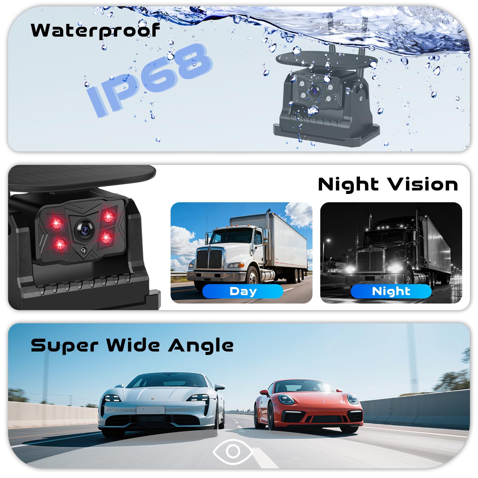 Hodozzy sans Fil Caméra de Recul Solaire, Ecran Tactile IPS 10,1 Pouces Moniteur avec Enregistrement en Boucle, Kit de Caméra Recul 10000 mAh avec BSD, Etanche, Vision Nocturne, Type-C, Ligne Recul