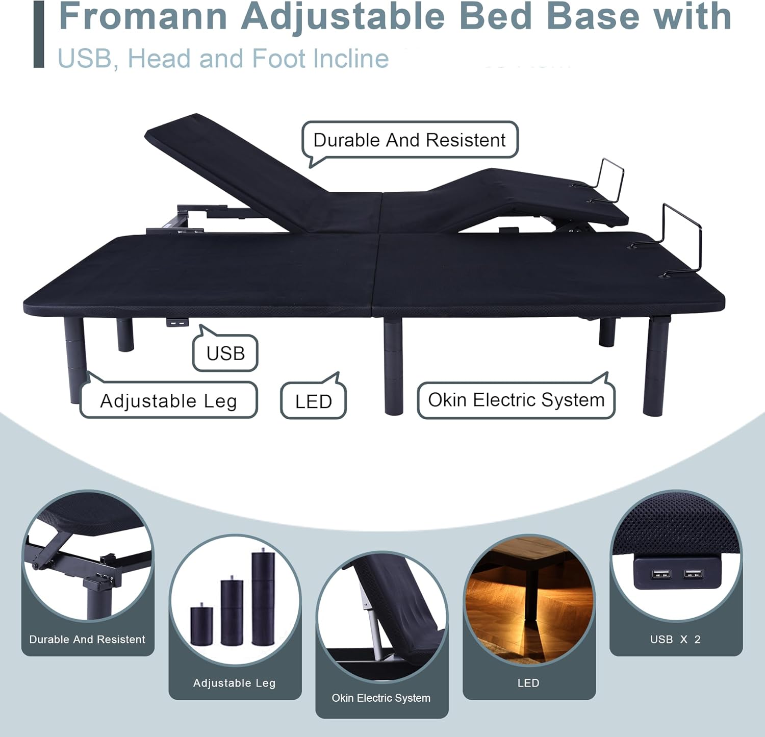 Fromann Split King Adjustable Bed Frame Base, Head & Foot Incline, USB Ports, Zero Gravity, Nightlight, 3-Heights Adjustable Legs, No Tools Assembly