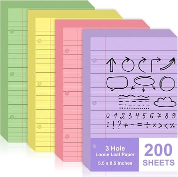 200 Sheets Mini Binder Loose Leaf Paper 5.5 x 8.5 Small Binder Filler Paper Lined College Ruled Paper for Mini 3 Ring Binder 3 Hole Punched Notebook Paper Pocket Folders for School Supplies200