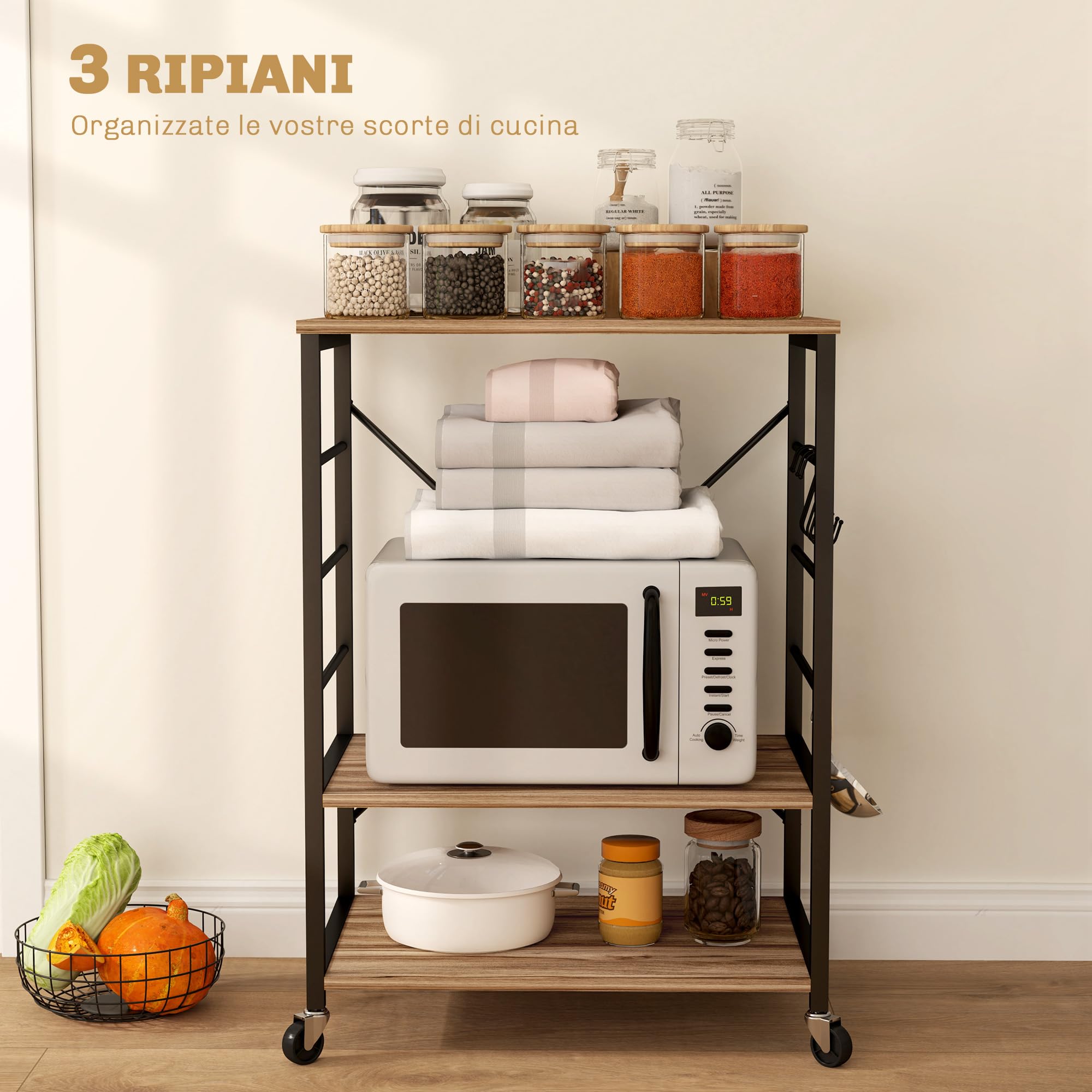 HOMCOM Scaffale da Cucina a 3 Livelli Stile Industriale 60x40x84 cm Teak