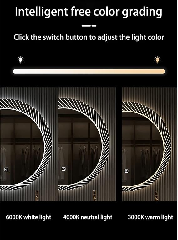REIFNA Bathroom Mirror with Lights,Anti-Fog Dimmable LED Vanity Mirror with Memory Function,with Sensor Touch Control,Anti-Fog,3-Color Dimmable Light Round Mirror (Size : 70cm, Color : A)