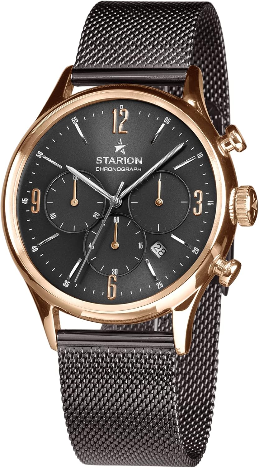 STARION Watches - Empire Watch for Men - Japanese Chronograph Movement- Minimalist Style- Stainless Steel case, 42mm- 50m Water Resistant- 3 Sunken sub-dials with Stunning Details- Steel mesh Band