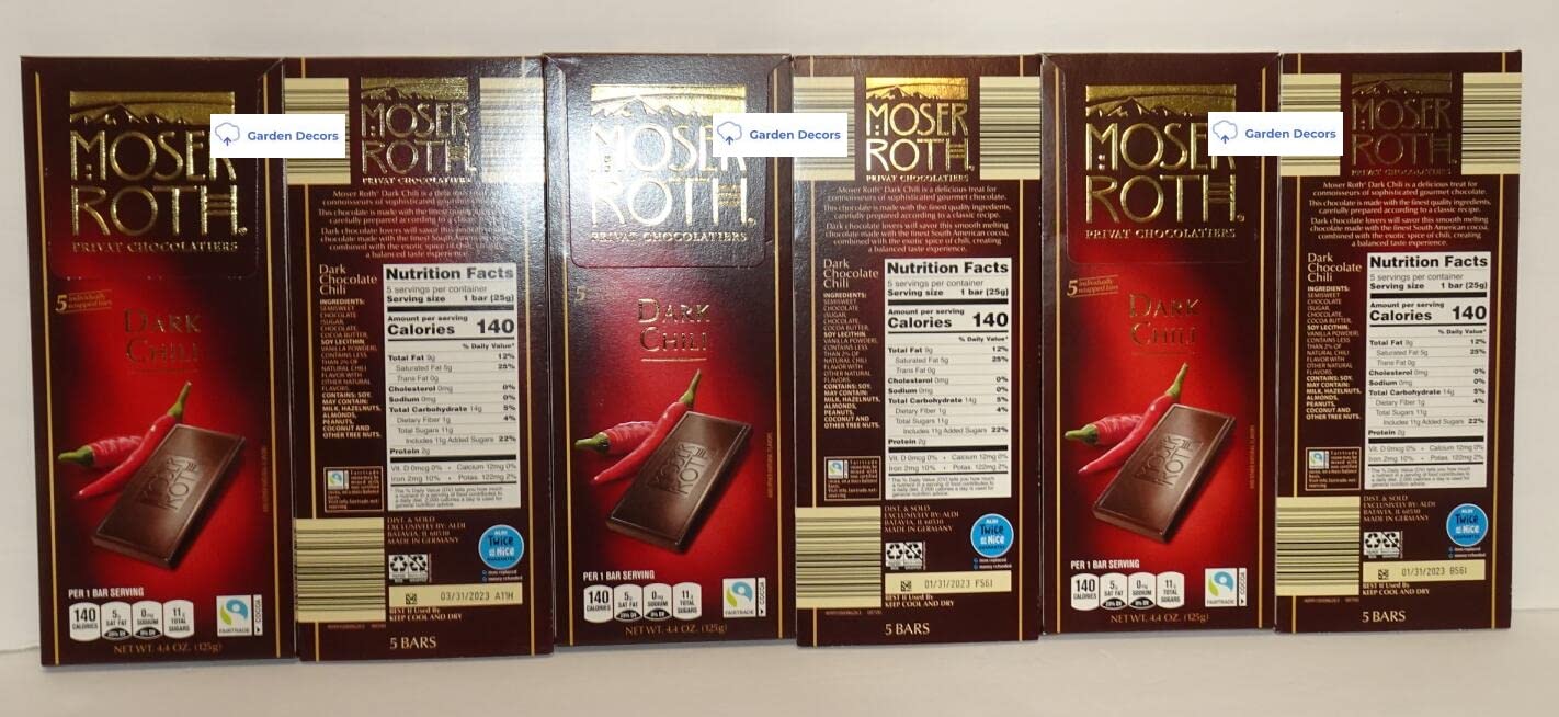 Moser Roth Privat German Chocolate Dark Chili 4.4oz 125g (Six Bars)