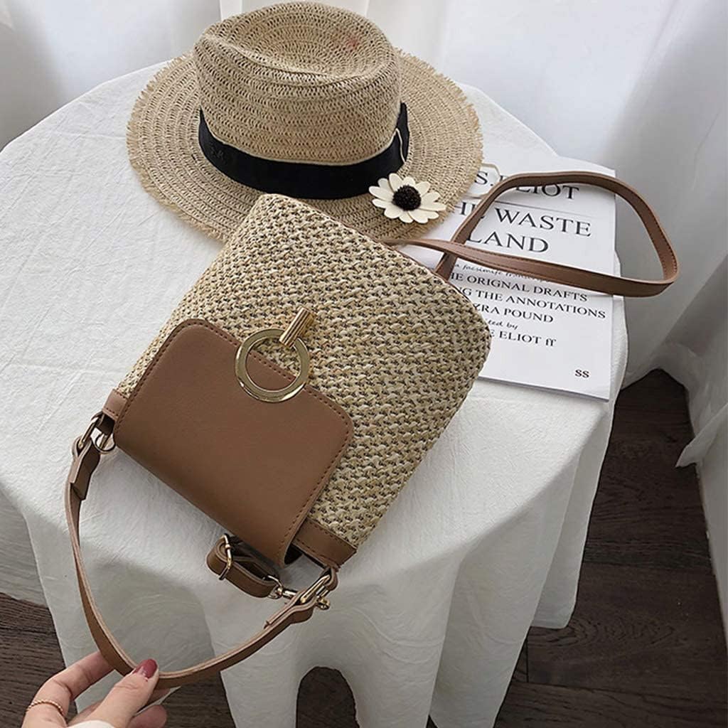 Beach Bag Straw Bags Hand-Woven Straw Bag, Women Fashion Handbag Shoulder Bag Ladies Straw Bucket Summer Crossbody Tote White (Color : Brown)
