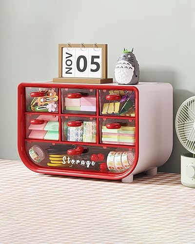 Organizador multifuncional de escritorio, papelería cosmética organizador de gran capacidad, caja transparente de joyería roja LCC539-01