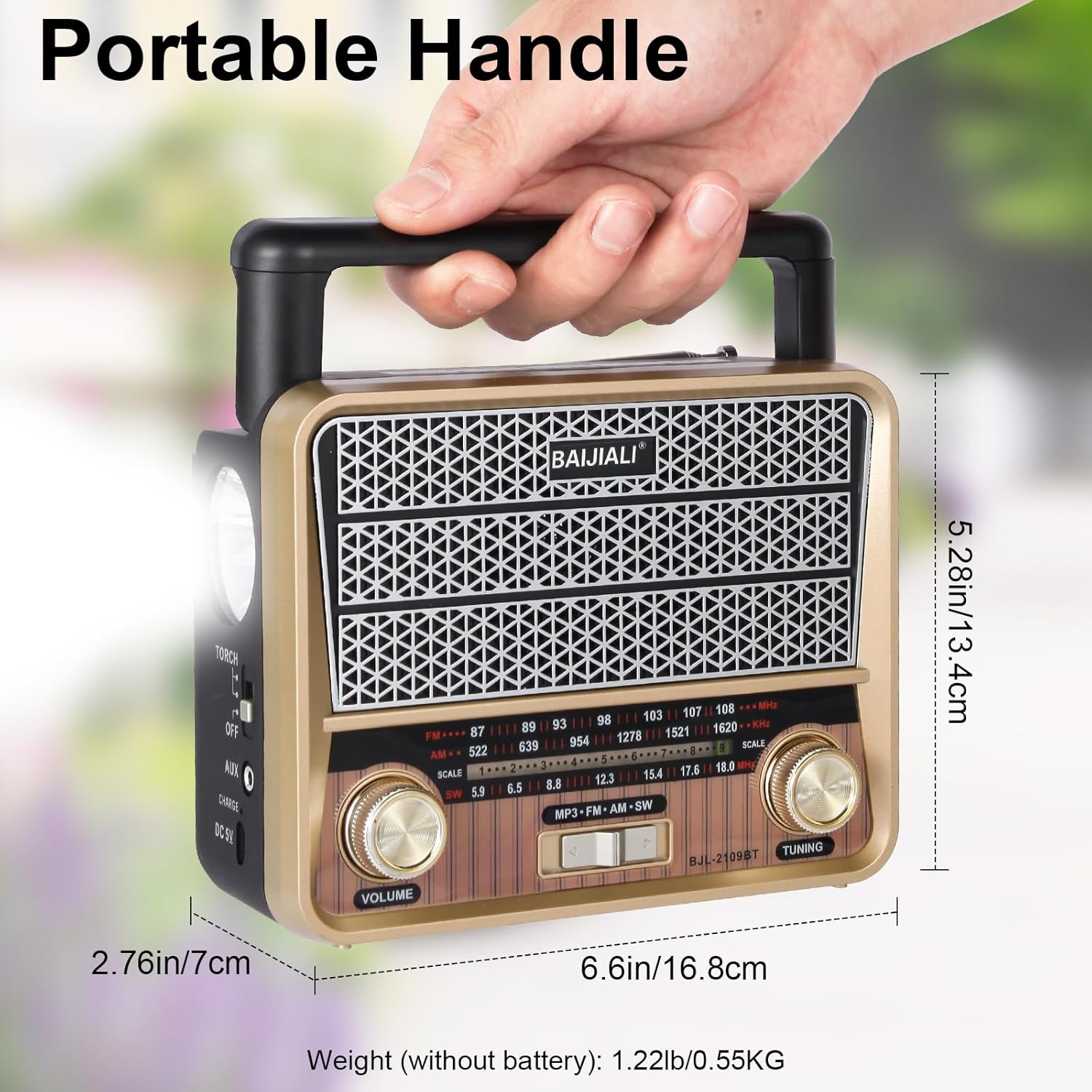 Portable AM/FM/SW Emergency Radio with Bluetooth - Vintage Battery Operated Radio, AC/D Battery, TF Card/USB Playback, Loud Sound for Home & Outdoors(BJL-2109BT) - Image 5