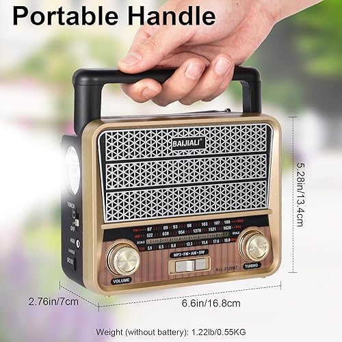 Miniatura 5 de Radio de emergencia portátil AMFMSW con Bluetooth, radio vintage a pilas, batería ACD, tarjeta TFreproducción USB, sonido fuerte para el hogar y al