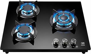 AVERA Parrilla de gas 3 quemadores Premium, Superficie de vidrio templado 60 cm, Soportes Hierro fundido, Encendido Electronico, Estufa Empotrable para Gas LP y Natural, Incluye espreas | VT3