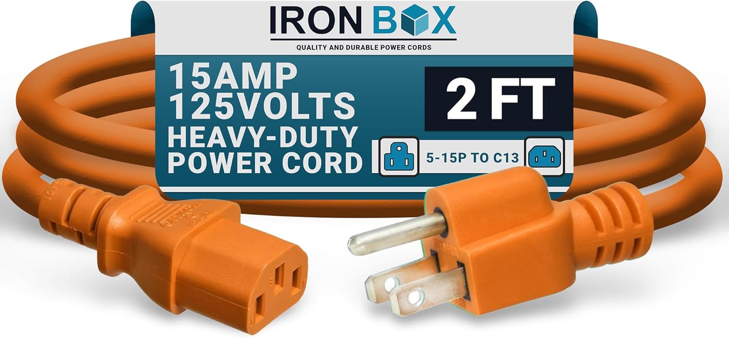 IronBox Electric - Heavy-Duty 5-15P to C13 Power Cord - 3 Prong 15A 125V 14/3 SJT PC Cable - Cord for Computer, Monitor, Subwoofer, Amplifier - Cable for Power Supply - (Orange 2 Foot)