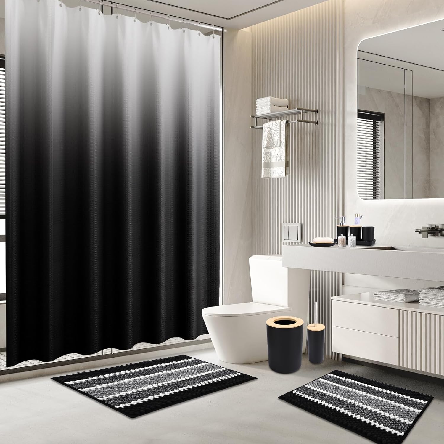 SLDIYWOW Black Bathroom Accessories Set, Bathroom Sets with Shower Curtain and Rugs for Home Decor/Housewarming