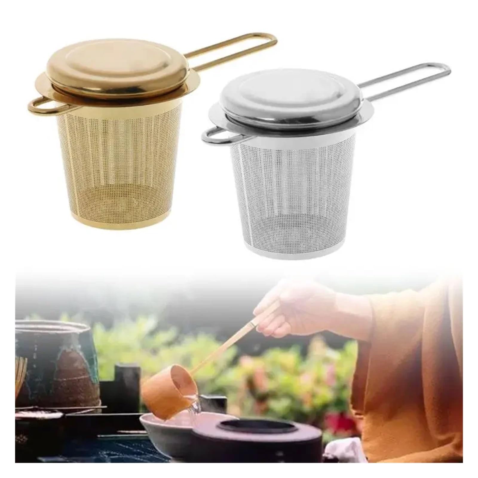 Infusor de té reutilizable de acero inoxidable, filtro de hojas sueltas de malla con tapa para tetera y especias, accesorio de cocina esencial para los amantes del té
