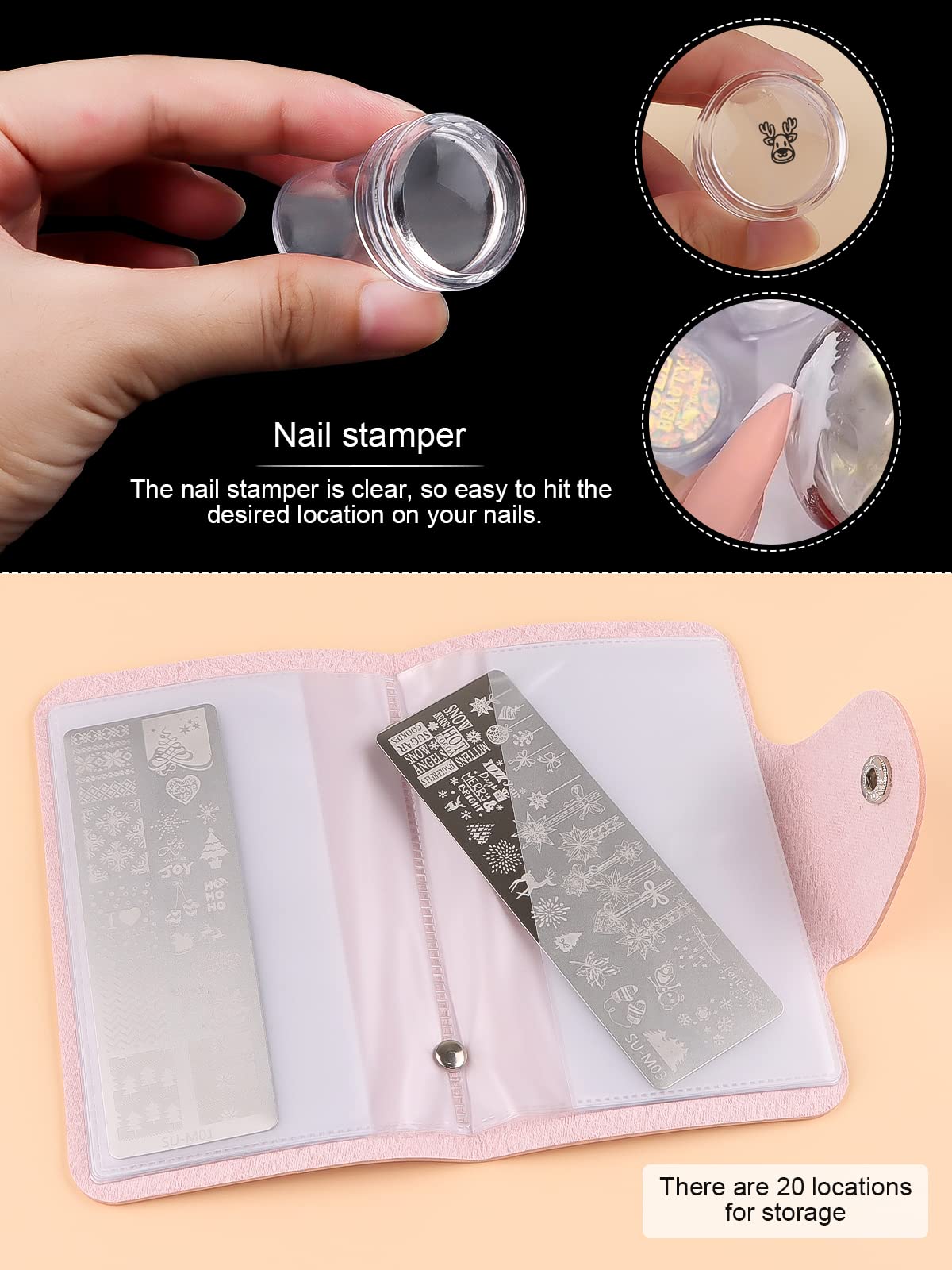 EBANKU 6 pezzi Set di Nail Art Stamping Stampini, Piatti per Timbri per Unghie Renna Fiocco di Neve Albero di Natale Disegni Manicure con 1 Timbro + 1 Raschietto + 1Borsa Portaoggetti