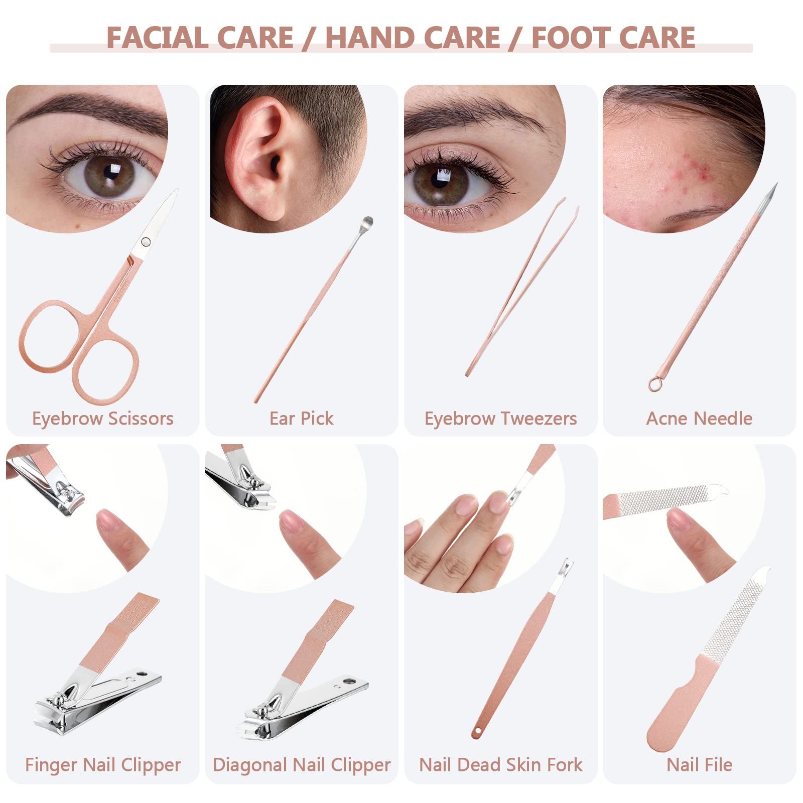 Lasnten Juego de 24 cortaúñas a granel, kit de aseo de uñas de acero inoxidable, kit de pedicura profesional, herramientas de pedicura con estuche de viaje, regalos personales para hombres y mujeres