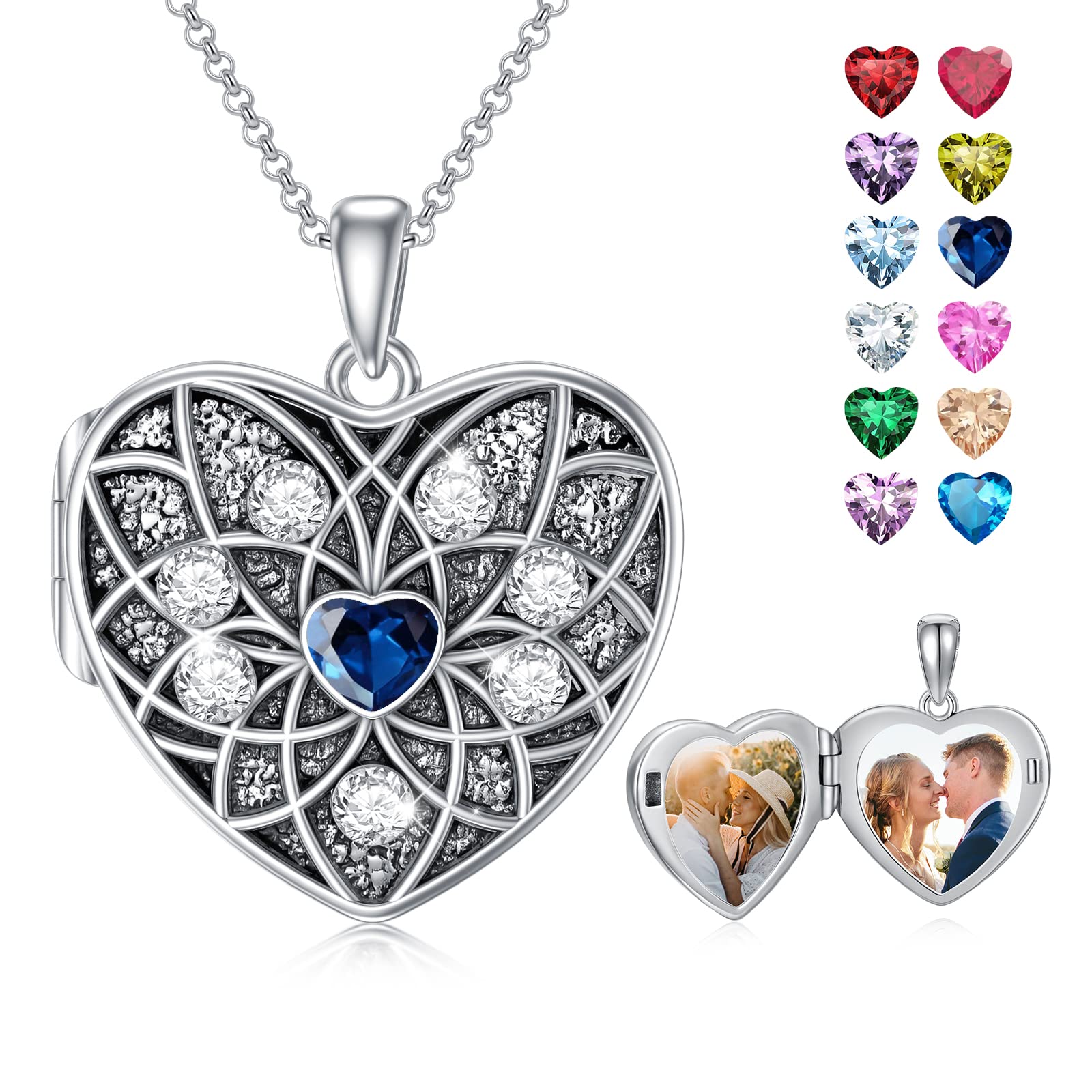 Shusukue Round/Heart/Oval Shape Locket Necklace That Holds Pictures 925 Sterling Silver Personalized Birthstone Photos Engraved Locket Pendant