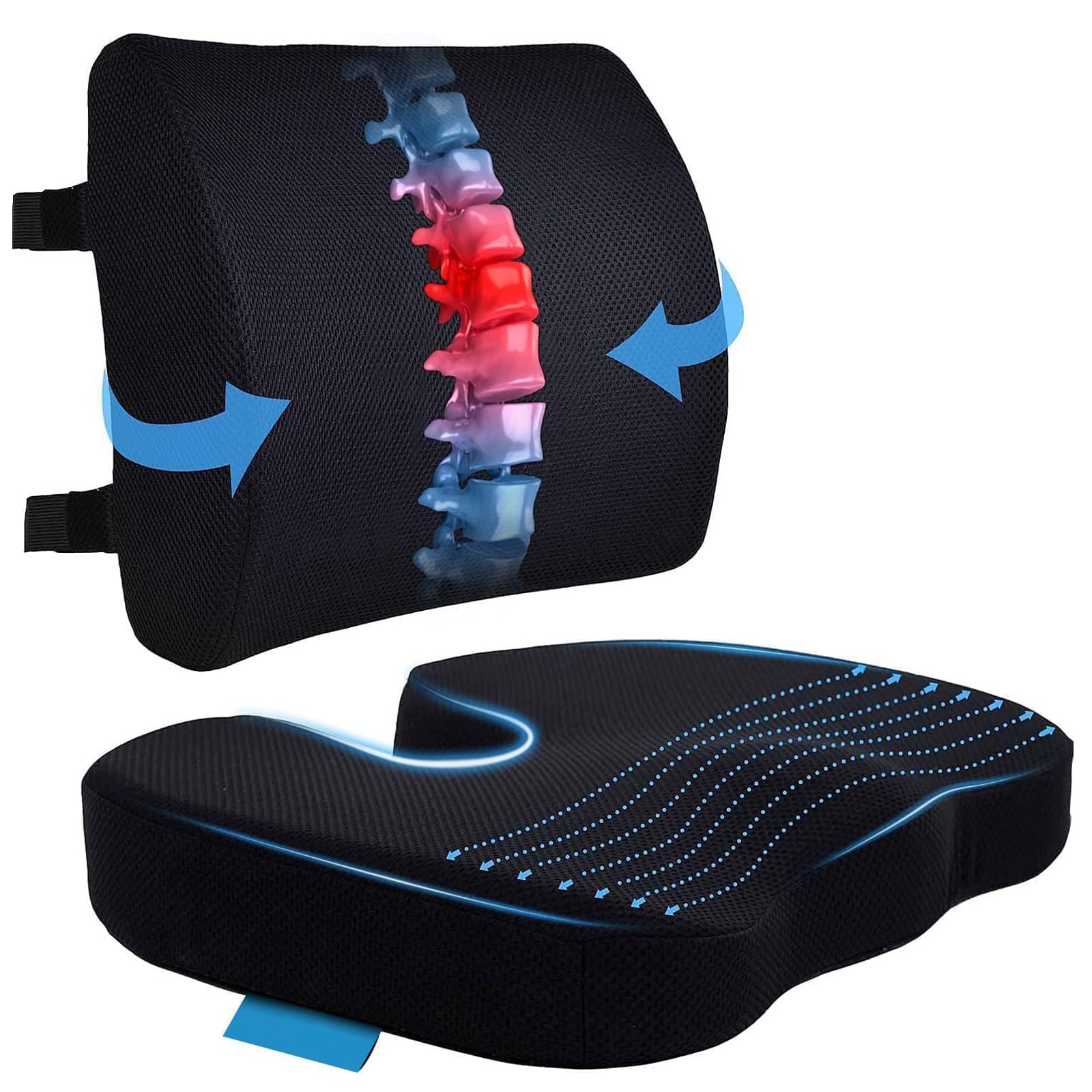 Seat Cushion & Lumbar Support Pillow for Office Chair Car Wheelchair Memory Foam